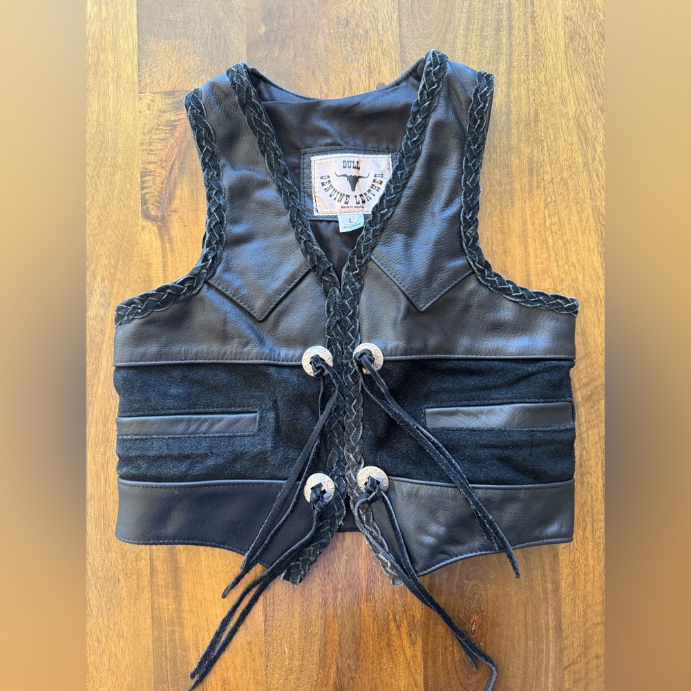 Bull Genuine Leather kids boys black‎ western cowboy motorcycle vest size L